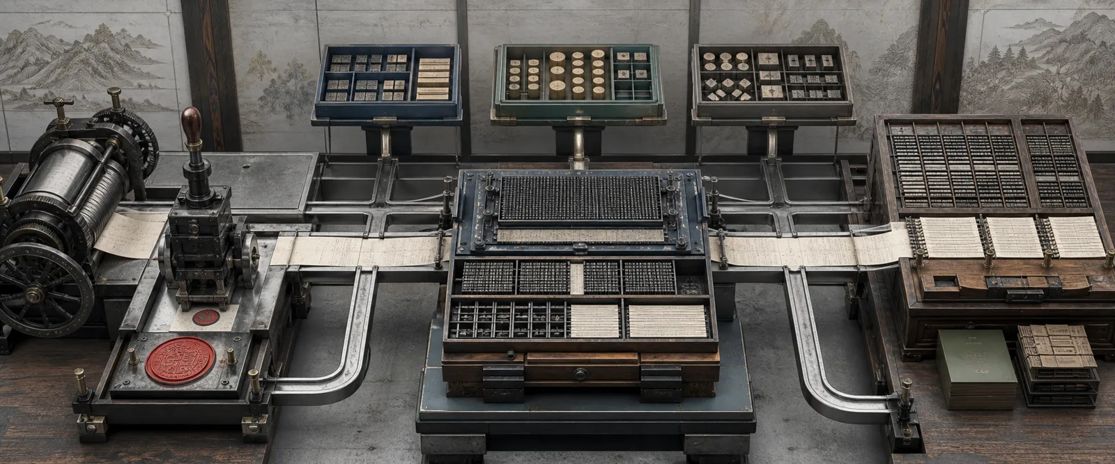Engraved modular print shop showing connected ingress, policy, model, tool, and durable-state stations