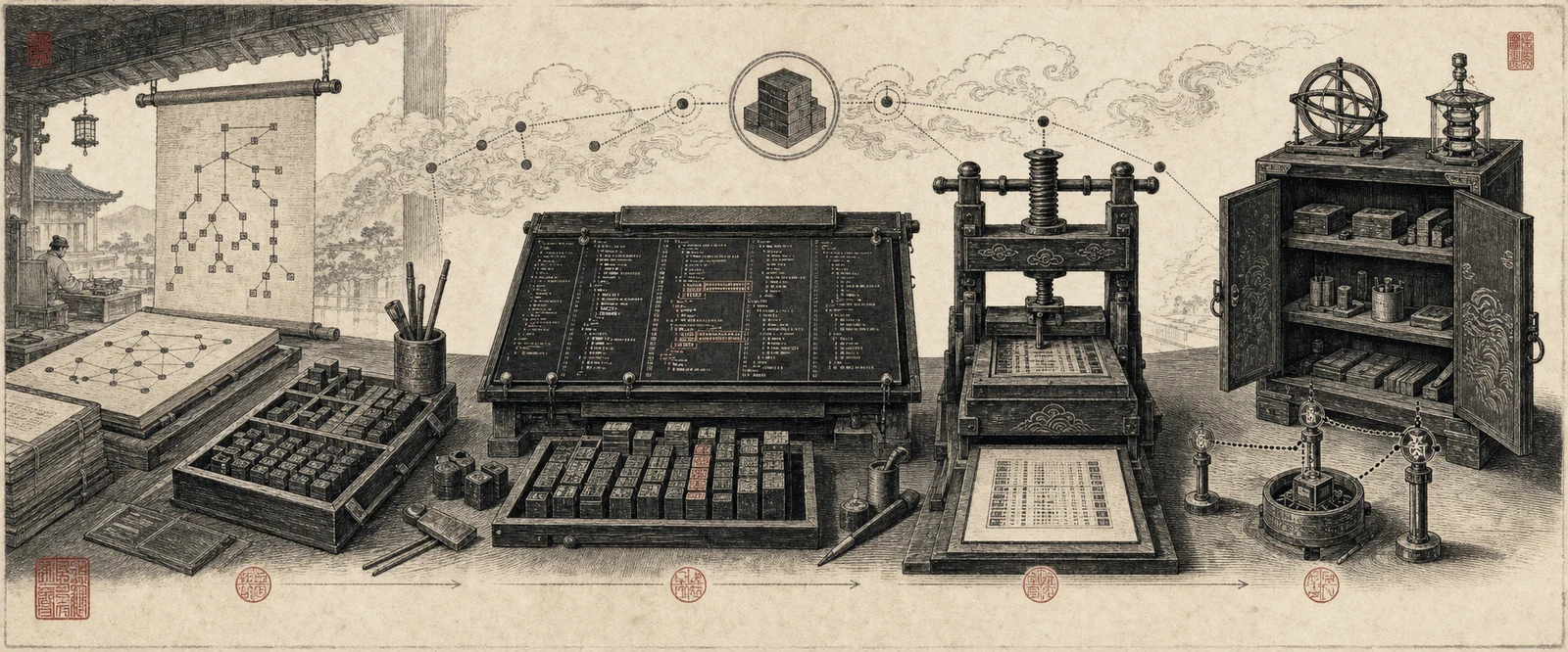 Engraved coding workshop connecting source structure, precision edits, verification, guarded tools, and a final press