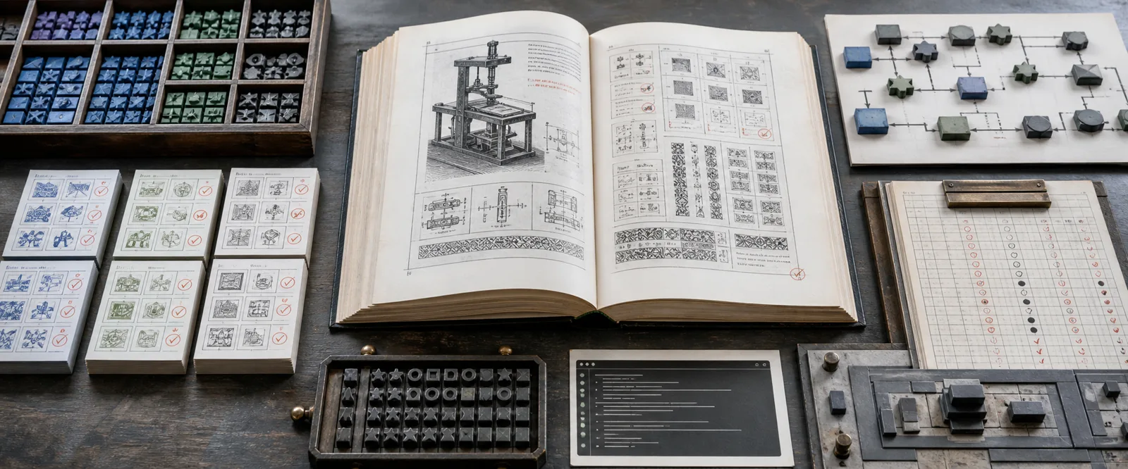 Open pattern book surrounded by verifier artifacts, a durable queue, task graph, deployment topology, and command output